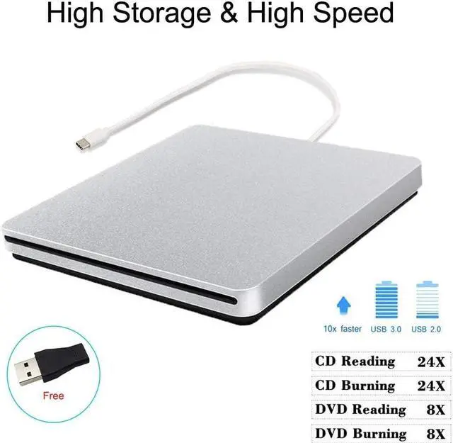 Alt view image 2 of 7 - External CD DVD Drive USB C CD DVD Burner/Writer Slim Portable Slot in CD DVD Reader for MacBook Pro/Air/Mac/Laptop/Windows10 (Sliver)