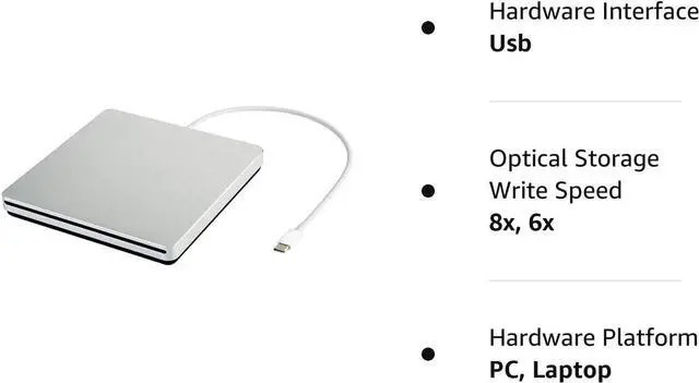 Alt view image 7 of 7 - External CD DVD Drive USB C CD DVD Burner/Writer Slim Portable Slot in CD DVD Reader for MacBook Pro/Air/Mac/Laptop/Windows10 (Sliver)