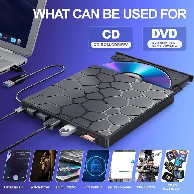 Alt view image 2 of 7 - External CD/DVD Drive for Laptop, DVD Player for Laptop, 8 in 1 USB 3.0 Ultra-Slim Portable, CD Burner External Disk Drive Optical Compatible with Laptop Desktop Mac,Windows 11/10/8/7 Linux