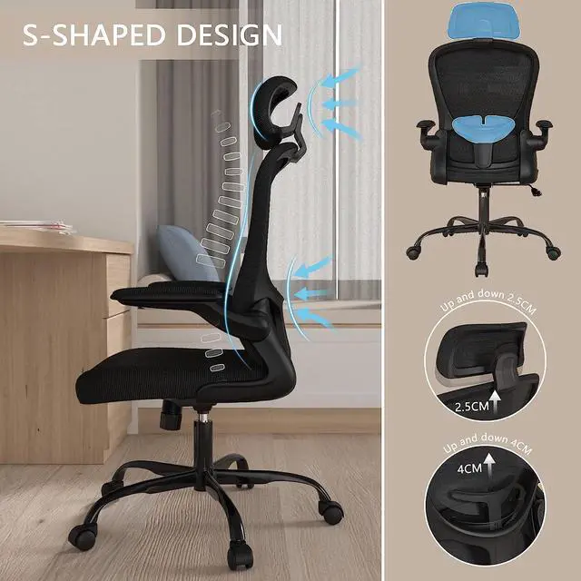 Alt view image 3 of 7 - Office Chair, High Back Ergonomic Desk Chair, Breathable Mesh Desk Chair with Adjustable Lumbar Support and Headrest, Swivel Task Chair with flip-up Armrests, Executive Chair for Home Office