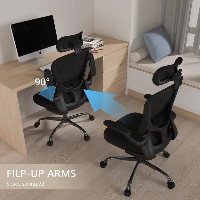 Alt view image 7 of 7 - Office Chair, High Back Ergonomic Desk Chair, Breathable Mesh Desk Chair with Adjustable Lumbar Support and Headrest, Swivel Task Chair with flip-up Armrests, Executive Chair for Home Office