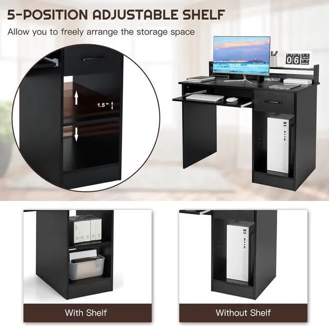 Alt view image 4 of 7 - COSTWAY Computer Desk with Hutch, Home Office Desk with Drawer, Adjustable Shelf & Keyboard Tray, Study Writing Desk, Executive Workstation for Living Room, Bedroom & Study (Black)