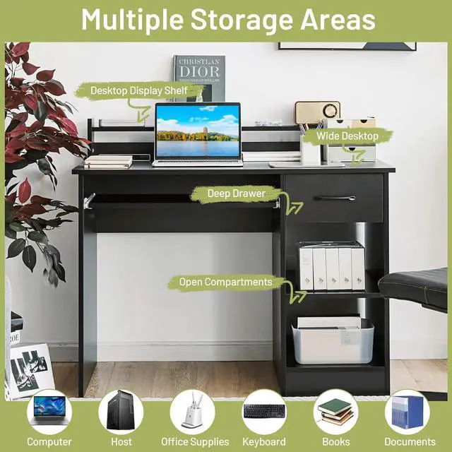 Alt view image 5 of 7 - IFANNY Wooden Computer Desk, Black Home Office Desk w/Drawers, Keyboard Tray, Open Shelves & Monitor Stand, Modern Writing Desk, Compact Computer Desk for Small Spaces (Black)