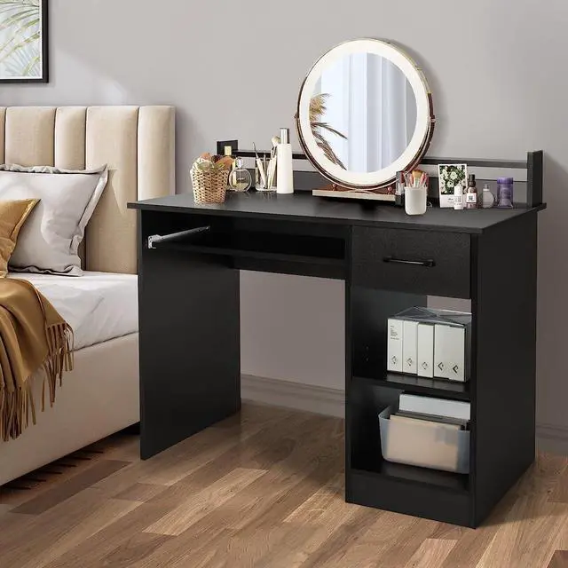 Alt view image 4 of 7 - IFANNY Wooden Computer Desk, Black Home Office Desk w/Drawers, Keyboard Tray, Open Shelves & Monitor Stand, Modern Writing Desk, Compact Computer Desk for Small Spaces (Black)