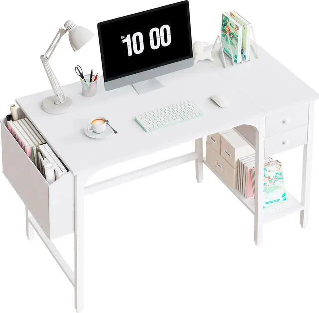 Main image of White Small Desk with Drawers - 40 Inch Computer Desk for Small Space Home Office, Modern Simple Study Writing Table PC Desks