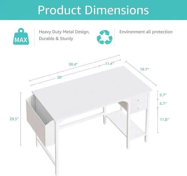 Alt view image 3 of 7 - White Small Desk with Drawers - 40 Inch Computer Desk for Small Space Home Office, Modern Simple Study Writing Table PC Desks