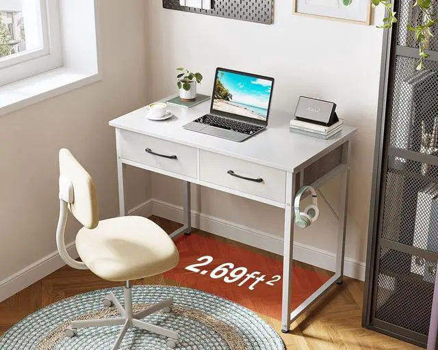Alt view image 5 of 7 - Small Desk with Fabric Drawers- for Bedroom, White Vanity Desk with Storage, Home Office Computer Desk for Small Spaces, 32 Inch Modern Work Writing Study Table, White