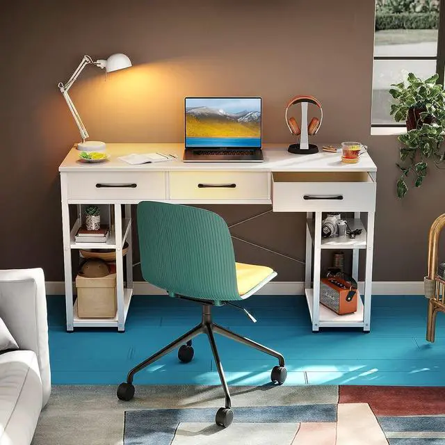 Alt view image 2 of 7 - Office Small Computer Desk: Home Table with Fabric Drawers & Storage Shelves, Modern Writing Desk, White, 48"x16"