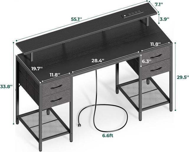 Huuger 55 inch Computer Desk with 3 Drawers, Office Desk Gaming Desk with  LED Lights & Power Outlets, Home Office Desks with Storage Space for