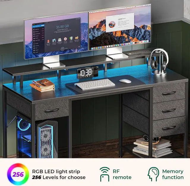 Alt view image 4 of 7 - 55 inch Computer Desk with 4 Drawers, Gaming Desk with LED Lights & Power Outlets, Home Office Desk with Large Storage Space for Bedroom, Work from Home, Black