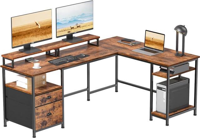 Furologee 66 L Shaped Computer Desk with Shelves, Corner Gaming Desk with  File Drawer and Dual Monitor Stand, Large Home Office Desk Writing Study  Table Workstation, Rustic Brown 