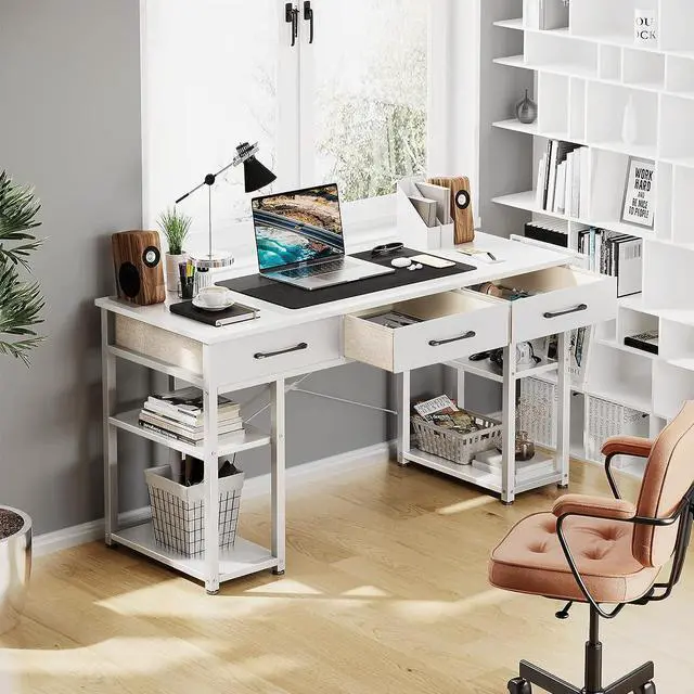 Alt view image 7 of 7 - Office Small Computer Desk: Home Table with Fabric Drawers & Storage Shelves, Modern Writing Desk, White, 48"x16"