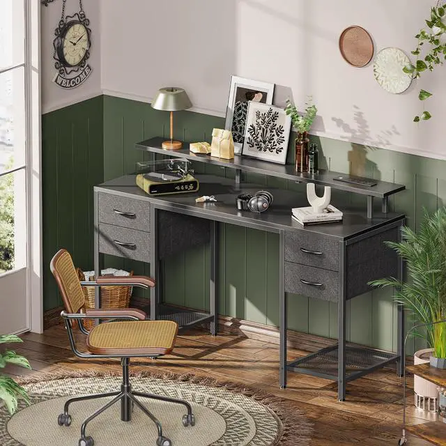 Alt view image 2 of 7 - 55 inch Computer Desk with 4 Drawers, Gaming Desk with LED Lights & Power Outlets, Home Office Desk with Large Storage Space for Bedroom, Work from Home, Black