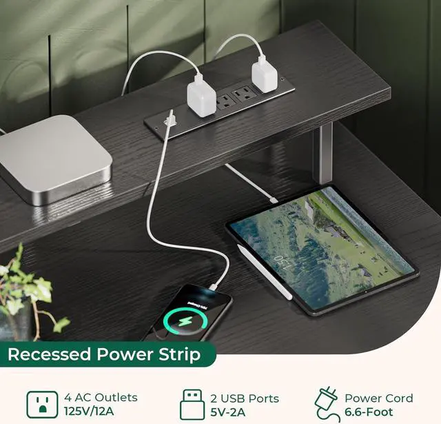 Alt view image 5 of 7 - 55 inch Computer Desk with 4 Drawers, Gaming Desk with LED Lights & Power Outlets, Home Office Desk with Large Storage Space for Bedroom, Work from Home, Black