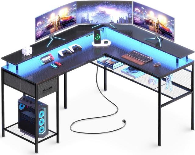 Huuger L Shaped Gaming Desk with Power Outlets, Led Lights, Computer Desk  Office Desk with Storage Shelves, Corner Home Office Desks for Bedroom,  Black 