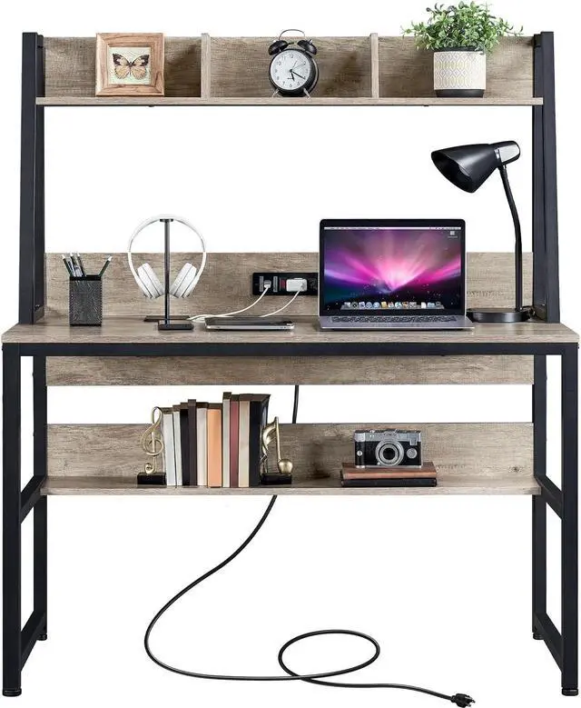 Main image of Yaheetech Home Office 47 Inch Writing Desk with Power Outlets and 2 USB Charging Ports for Studying, Gaming Table Computer Desk with Hutch and Bookshelf, Metal Frame Workstation for Office, Gray