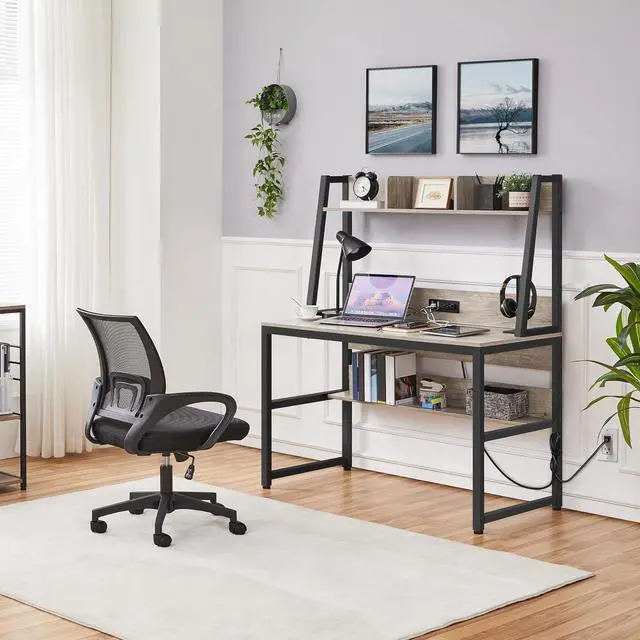 Alt view image 2 of 7 - Yaheetech Home Office 47 Inch Writing Desk with Power Outlets and 2 USB Charging Ports for Studying, Gaming Table Computer Desk with Hutch and Bookshelf, Metal Frame Workstation for Office, Gray