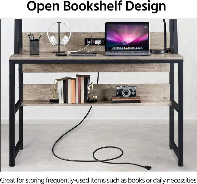 Alt view image 6 of 7 - Yaheetech Home Office 47 Inch Writing Desk with Power Outlets and 2 USB Charging Ports for Studying, Gaming Table Computer Desk with Hutch and Bookshelf, Metal Frame Workstation for Office, Gray