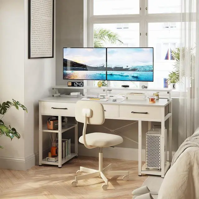 Alt view image 2 of 7 - Computer Desk with Drawers and Storage Shelves, 48 inch Home Office Desk with Monitor Stand, Modern Work Study Writing Table Desk for Small Spaces, White