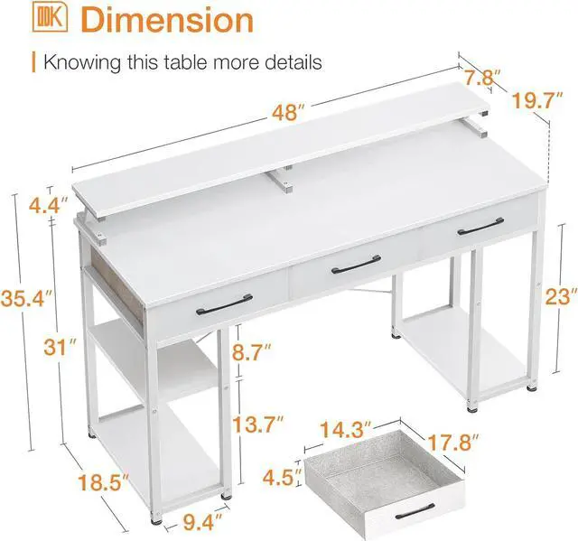 Alt view image 3 of 7 - Computer Desk with Drawers and Storage Shelves, 48 inch Home Office Desk with Monitor Stand, Modern Work Study Writing Table Desk for Small Spaces, White