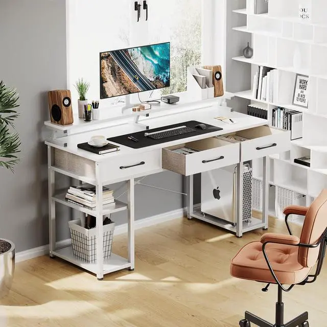 Alt view image 6 of 7 - Computer Desk with Drawers and Storage Shelves, 48 inch Home Office Desk with Monitor Stand, Modern Work Study Writing Table Desk for Small Spaces, White