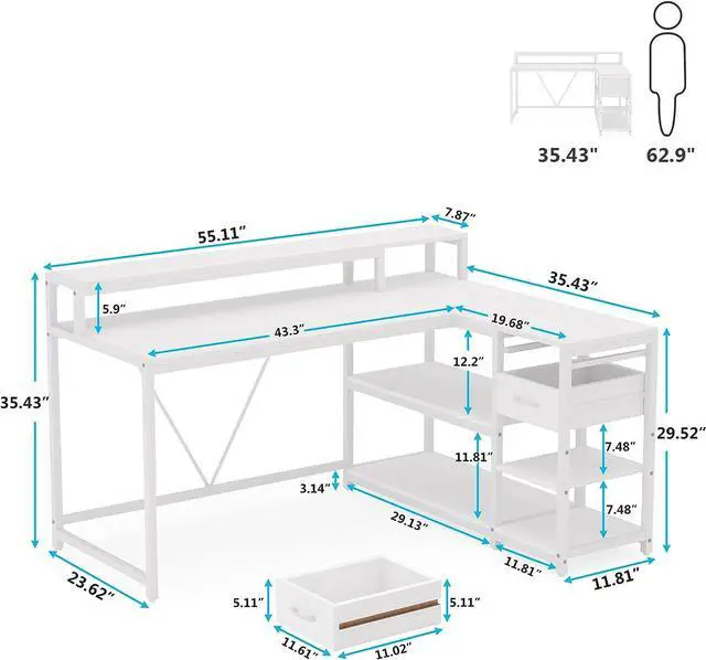 Alt view image 2 of 7 - Tribesigns 55-inches Reversible L Shaped Desk with Drawer, Modern White L Corner Desk Home Office Table with Storage Shelves and Monitor Stand, Wooden and Metal PC Desk for Small Space