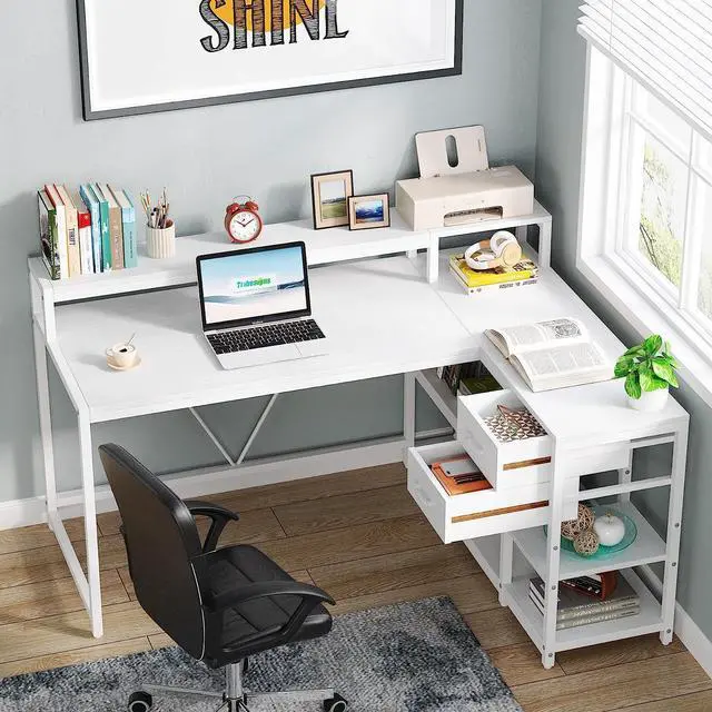 Alt view image 3 of 7 - Tribesigns 55-inches Reversible L Shaped Desk with Drawer, Modern White L Corner Desk Home Office Table with Storage Shelves and Monitor Stand, Wooden and Metal PC Desk for Small Space