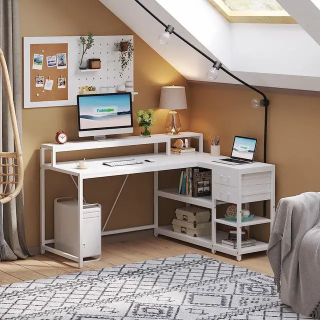 Alt view image 5 of 7 - Tribesigns 55-inches Reversible L Shaped Desk with Drawer, Modern White L Corner Desk Home Office Table with Storage Shelves and Monitor Stand, Wooden and Metal PC Desk for Small Space