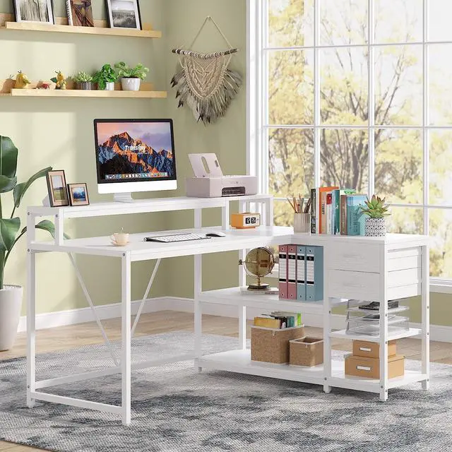 Alt view image 6 of 7 - Tribesigns 55-inches Reversible L Shaped Desk with Drawer, Modern White L Corner Desk Home Office Table with Storage Shelves and Monitor Stand, Wooden and Metal PC Desk for Small Space
