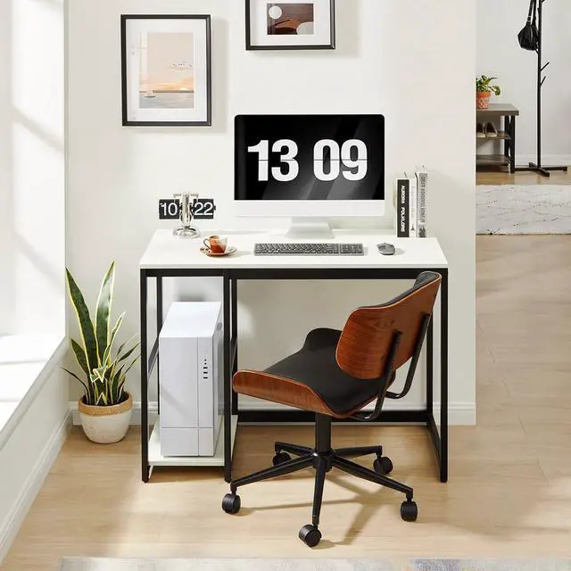 Alt view image 5 of 6 - SINPAID Computer Desk 40 inches with 2-Tier Shelves Sturdy Home Office Desk with Large Storage Space Modern Gaming Desk Study Writing Laptop Table, White Desk