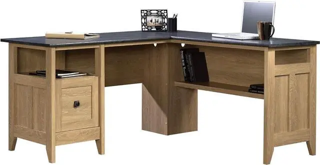Main image of Sauder August Hill L-Shaped Corner Desk with Storage Drawer and Open Shelf for Home Office, in Dover Oak
