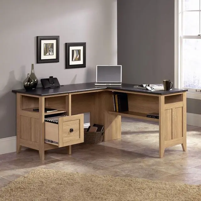 Alt view image 4 of 6 - Sauder August Hill L-Shaped Corner Desk with Storage Drawer and Open Shelf for Home Office, in Dover Oak
