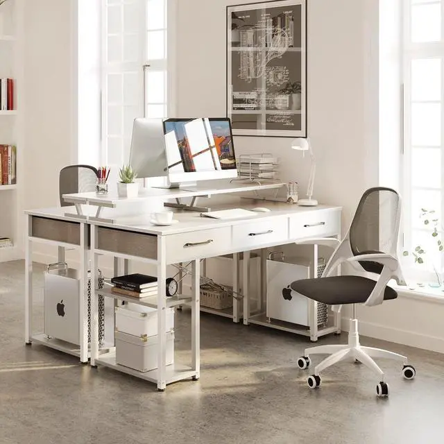 Alt view image 7 of 7 - Computer Desk with Drawers and Storage Shelves, 48 inch Home Office Desk with Monitor Stand, Modern Work Study Writing Table Desk for Small Spaces, White