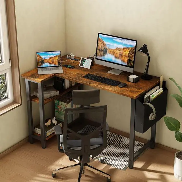 Alt view image 2 of 7 - Lufeiya Small L Shaped Desk with Power Outlet Shelves, 40 Inch Corner Desk for Small Space Home Office, L-Shaped Computer Desk PC Desks with Charging Station, Rustic Brown