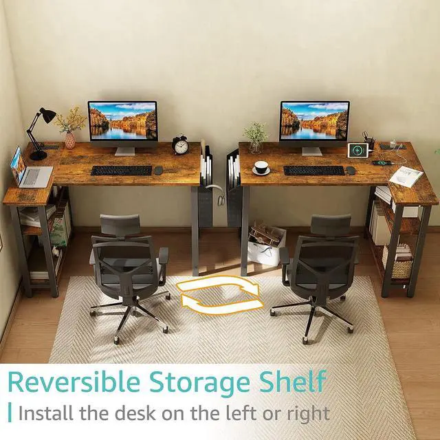 Alt view image 6 of 7 - Lufeiya Small L Shaped Desk with Power Outlet Shelves, 40 Inch Corner Desk for Small Space Home Office, L-Shaped Computer Desk PC Desks with Charging Station, Rustic Brown