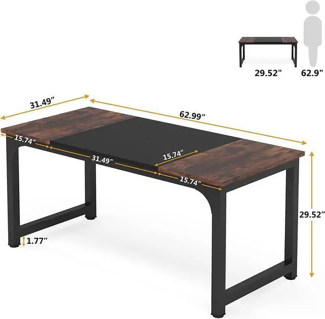 Alt view image 2 of 7 - Tribesigns 63 Executive Desk, Large Office Computer Desk with Thicken Frame, Modern Simple Workstation Business Furniture for Home Office, Rustic Brown/Black