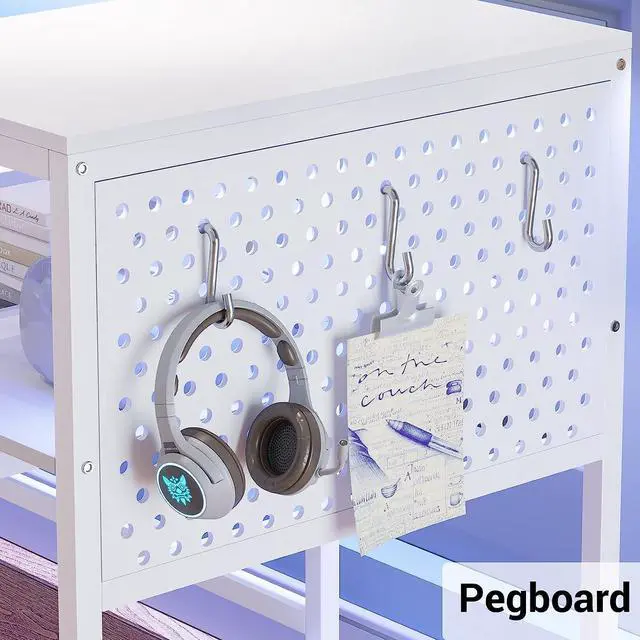 Alt view image 5 of 7 - SEDETA L.Shaped.Gaming Desk, Reversible.Home Office.Desk or Corner Desk,.Gaming Desk.with.Power.Outlets.&.LED.Strip, Monitor.Shelf,.Keyboard.Tray, Pegboard and.Storage.Shelves, White