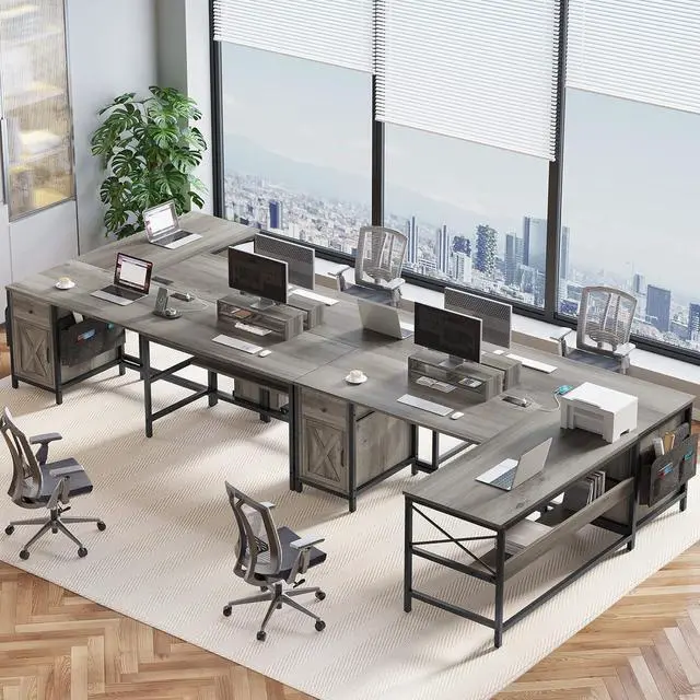 Alt view image 2 of 7 - 63" L Shaped Desk, Convertible 86.6" Home Office Desk or Corner Desk, Office Computer Desk with Drawer, Power Strip, Storage Cabinet, Bookshelf & Monitor Stand, Retro Grey