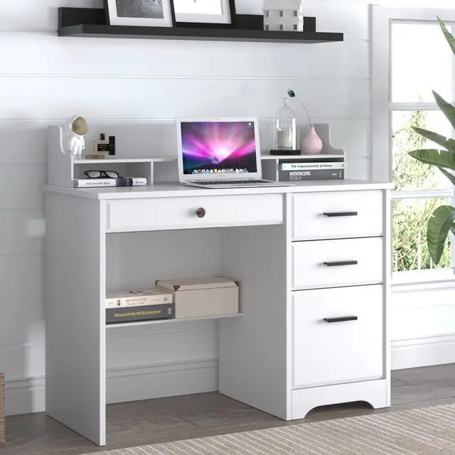 Alt view image 6 of 7 - Catrimown White Desk with Drawers, 44 Wood Executive Computer Desk for Home Office Student Writing 4 Storage Drawers, Small Desk with File Drawer for Bedroom, Small Space, White