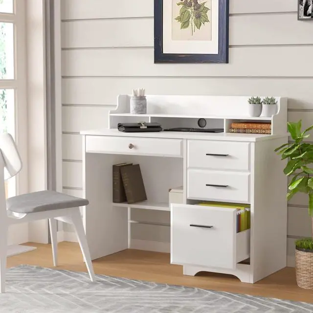 Alt view image 2 of 7 - Catrimown White Desk with Drawers, 44 Wood Executive Computer Desk for Home Office Student Writing 4 Storage Drawers, Small Desk with File Drawer for Bedroom, Small Space, White