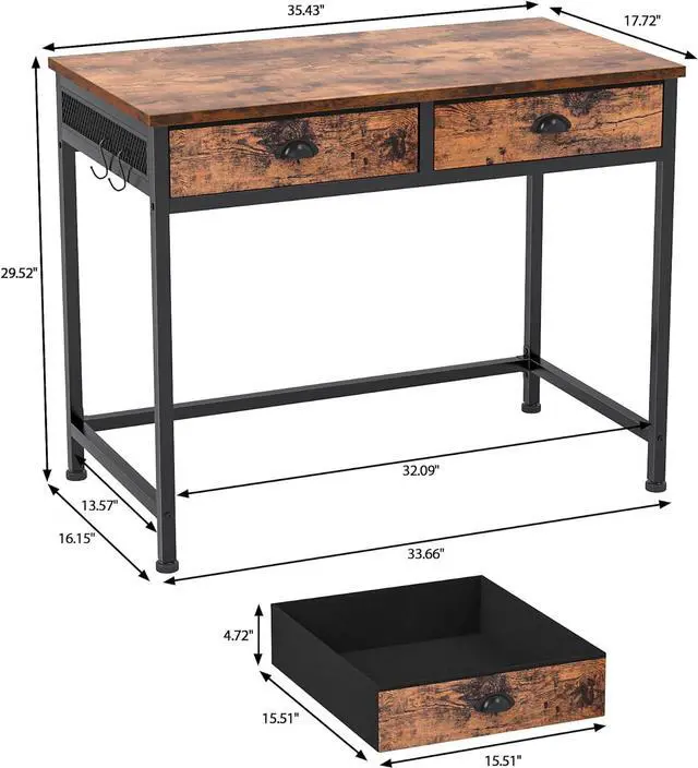 Alt view image 3 of 7 - Furologee Computer Desk with 2 Fabric Drawers, 36 Inch Small Home Office Writing Desk, Vanity Desk with Hooks, Simple Study Desk for Small Spaces, Makeup Dressing Table, Rustic Brown