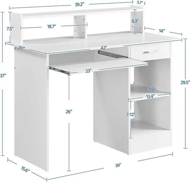 Alt view image 3 of 7 - Yaheetech Desk with Keyboard Tray, Home Office Computer Desk Wooden PC Laptop Desk, Morden Sturdy Study Writing Table, White