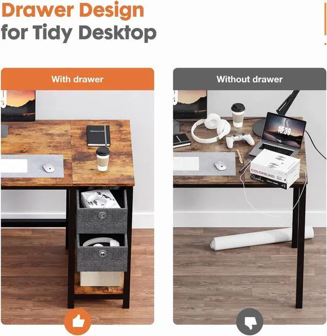 Alt view image 5 of 7 - Computer Desk with Drawers 40 Inch Home Office Desk Writing Desk Work Desk PC Table Study Desk with 2-Tier Drawers Storage Shelf Side Hook, Modern Style for Small Spaces, Bedroom, Gaming