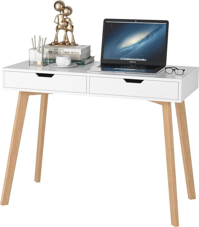 FOTOSOK White Computer Writing Desk with 2 Drawers, Modern Home Office Desk with 4 Oak Legs, Small Makeup Vanity Table Desk Console Study Table