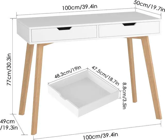 Alt view image 2 of 7 - FOTOSOK White Computer Writing Desk with 2 Drawers, Small Desk Makeup Vanity Table Wood Desk with 4 Oak Legs, Modern Home Office Desk Console Study Table