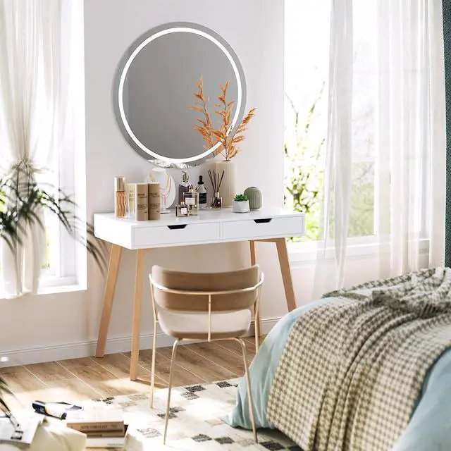 Alt view image 4 of 7 - FOTOSOK White Computer Writing Desk with 2 Drawers, Small Desk Makeup Vanity Table Wood Desk with 4 Oak Legs, Modern Home Office Desk Console Study Table