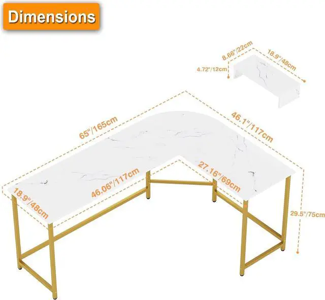 Alt view image 3 of 7 - Weehom L Shaped Computer Desk with Monitor Stand, Reversible Corner Desk for Home Office, Modern PC Workstation Study Writing Table(White and Gold)