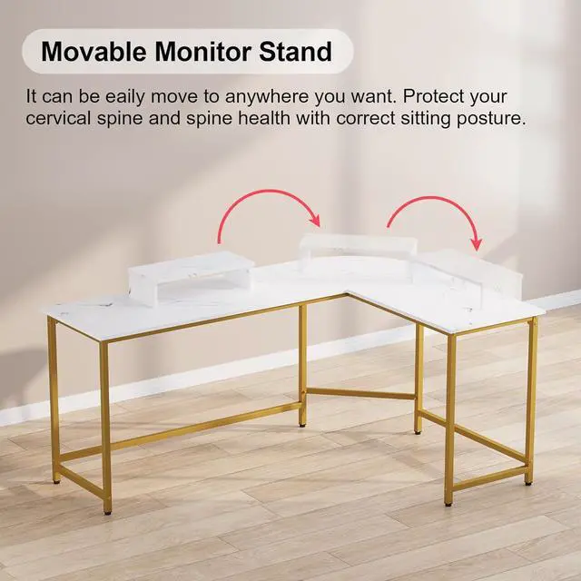 Alt view image 4 of 7 - Weehom L Shaped Computer Desk with Monitor Stand, Reversible Corner Desk for Home Office, Modern PC Workstation Study Writing Table(White and Gold)