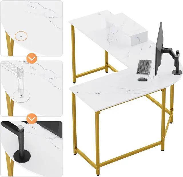 Alt view image 6 of 7 - Weehom L Shaped Computer Desk with Monitor Stand, Reversible Corner Desk for Home Office, Modern PC Workstation Study Writing Table(White and Gold)