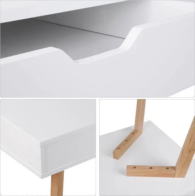 Alt view image 7 of 7 - FOTOSOK White Computer Writing Desk with 2 Drawers, Small Desk Makeup Vanity Table Wood Desk with 4 Oak Legs, Modern Home Office Desk Console Study Table